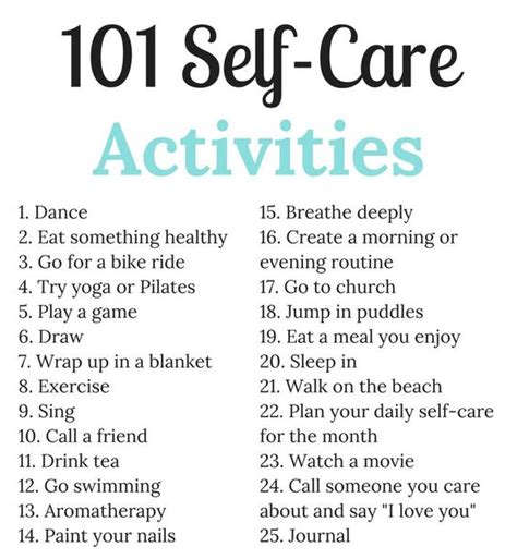 Self care activities pdf - For some, self-care involves physical activity, while for others it may include reading or writing or other pursuits. EXAMPLE OF SELF-CARE Jennifer Crouch is a Family Support Partner in a wraparound effort in Western Colorado. When her work or life becomes too stressful or intense, one of her preferred self-care techniques involves sitting 